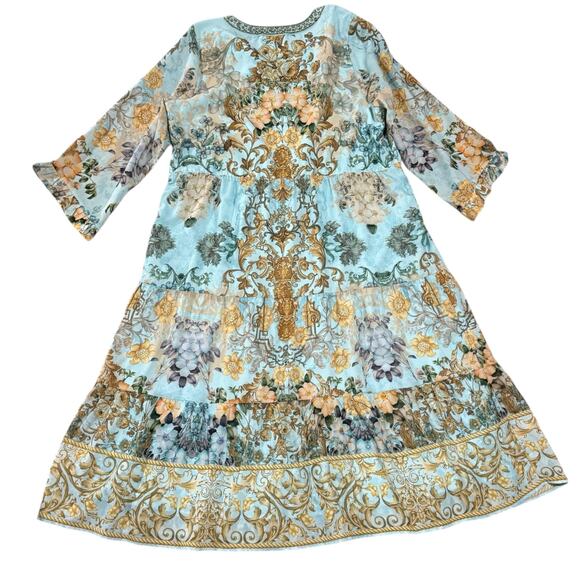 Soft Surroundings Size 1X Baroque Maxi Dress Aqua Gold Floral Boho Hippie Flowy - Picture 5 of 11
